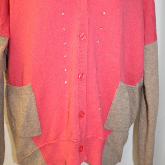 Garnet Hill Women’s Colorblock Cashmere Cardigan Size Medium Coral Pink and tan - Picture 3 of 16